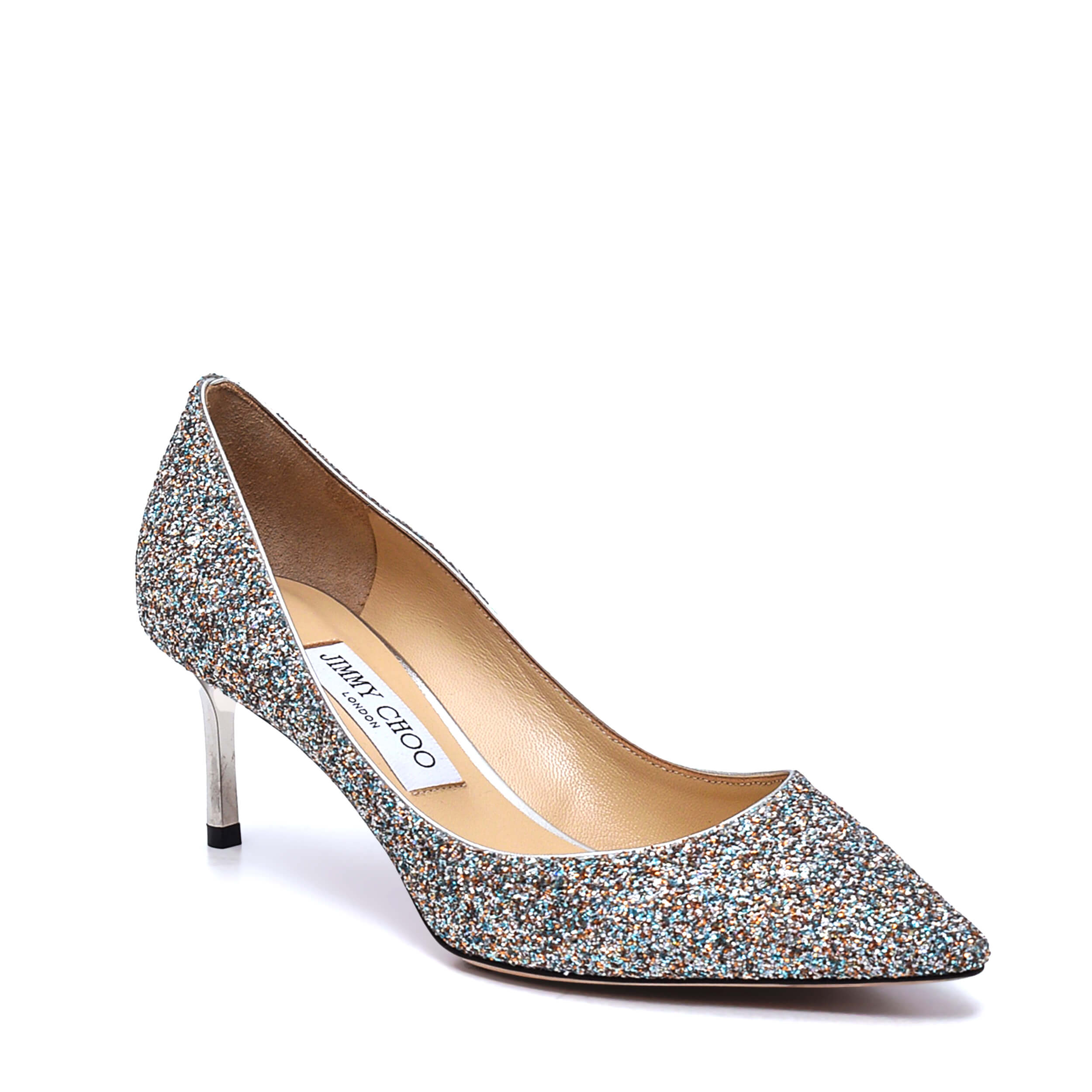 Jimmy Choo - Champagne Coarse Silver Glitter Pointed Pumps Romy 60 MM / 38